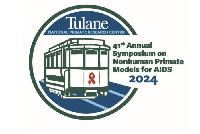 Logo for the 41st Annual Symposium on Nonhuman primate models for AIDS with an image of a trolly car featuring a red AIDS awareness ribbon on the front.